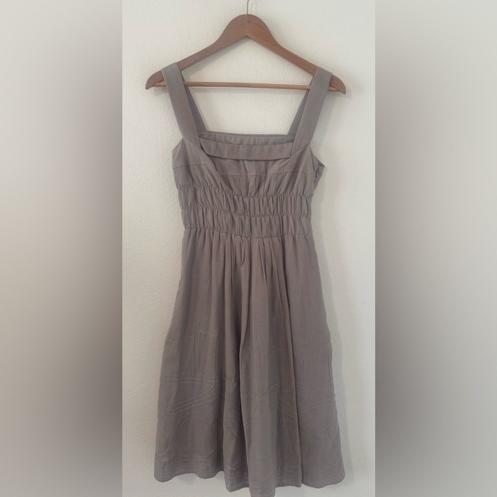 Vince Cotton Silk Dress Pintuck Ruching Geometric Embroidery Square Neck Grey 4